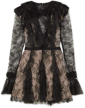 Ruffled Lace Mini Dress - Black