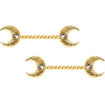 14 Gauge Clear Gem Gold Tone Witch Moon Barbell Nipple Ring Set – BodyCandy