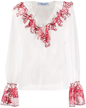 Coral Embroidered Ruffle Blouse