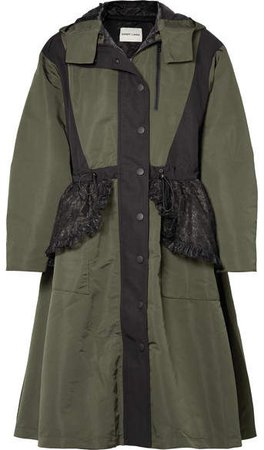 Sandy Liang - Turner Hooded Ruffled Lace-paneled Shell Coat - Army green
