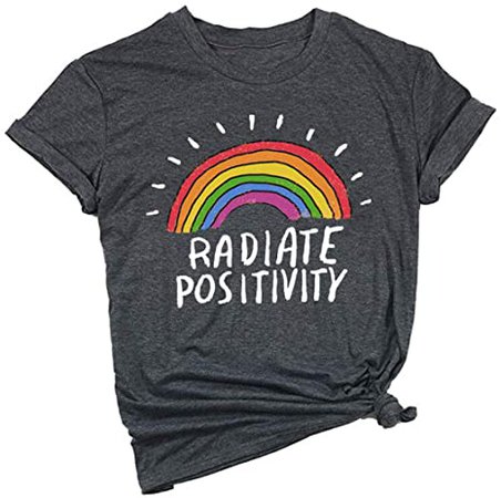 Women Radiate Positivity Rainbow T-Shirt Funny Letter Printe Rainbow Graphic Tee Summer Short Sleeve Shirts Tops at Amazon Women’s Clothing store
