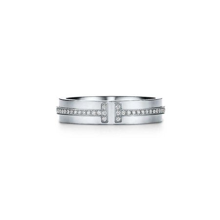 Tiffany T Two narrow ring in 18k white gold with diamonds. | Tiffany & Co.