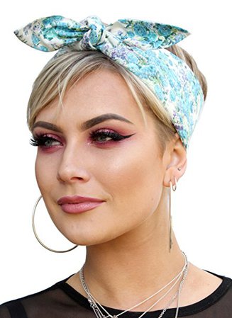 Blue Floral Vintage 50s Style Pin Up Bow Head Scarf Bandana: Amazon.co.uk: Clothing