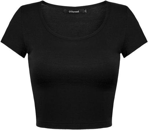 OThread & Co. Women's Basic Crop Tops Stretchy Casual Scoop Neck Cap Sleeve Shirt (Large, Black) at Amazon Women’s Clothing store