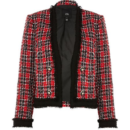 Red check boucle long sleeve jacket | River Island
