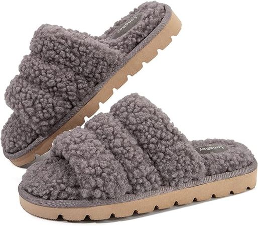 Amazon.com | LongBay Women's Open Toe Slippers Fuzzy Curly Fur Memory Foam Slides Cozy Sandals for Indoor Outdoor | Shoes