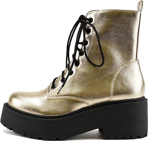 Amazon.com | Soda FLING Women Chunky Lug Sole Lace up Fashion Combat Ankle Boot w/Side Zipper (GOLD METALLIC PU, numeric_7_point_5) | Ankle & Bootie
