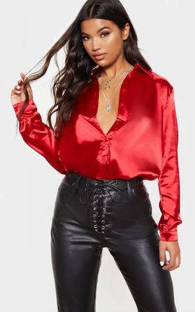 Red Satin Button Front Shirt | PrettyLittleThing USA