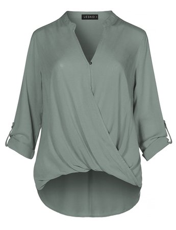 Casual Relaxed Fit Twist Front Blouse Shirt Top With Roll Up Sleeves | LE3NO olive