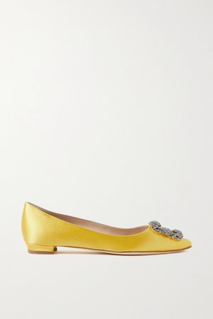 Yellow Hangisi embellished satin point-toe flats | Manolo Blahnik | NET-A-PORTER