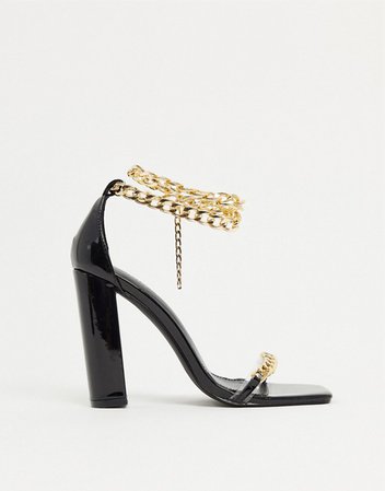 Simmi London Arika block heeled sandals with chain anklet in black | ASOS