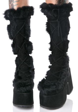 Demonia Camel-311 Faux Fur Knee High Platform Boots - Brown | Dolls Kill