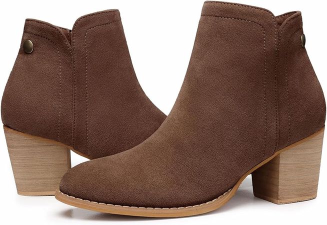 Amazon.com | SHIBEVER Women's Ankle Boots Heel: Chunky Low Heeled Almond Toe Booties Dark Brown Suede Side Zipper Casual Western Shoes Size 7 | Ankle & Bootie