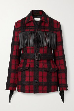Belted Fringed Leather-trimmed Checked Wool-blend Jacket - Red