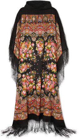 Hooded Tasseled Printed Wool-twill And Cotton-jersey Maxi Dress - Black