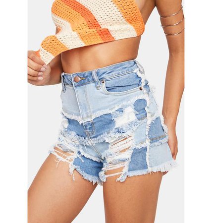 High-Waisted Patchwork Distressed Frayed Denim Shorts - Blue Combo | Dolls Kill