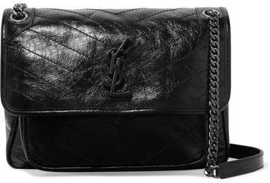Niki Medium Quilted Crinkled Patent-leather Shoulder Bag - Black