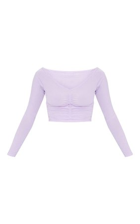 Lilac Slinky Ruched Front Long Sleeve Crop Top | PrettyLittleThing USA