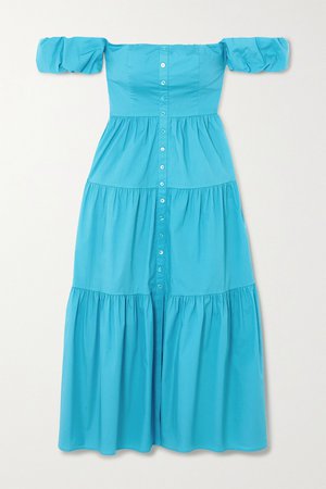 Bright blue Elio off-the-shoulder tiered stretch-cotton poplin midi dress | STAUD | NET-A-PORTER