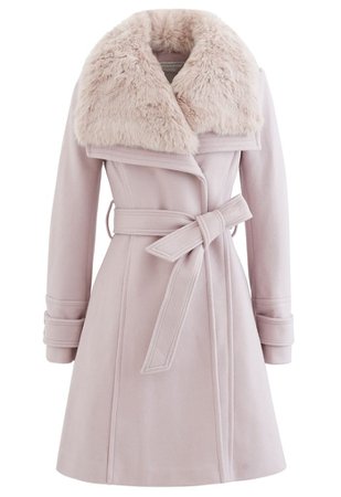 Faux Fur Wide Lapel Wool-Blend Coat in Pink - Retro, Indie and Unique Fashion