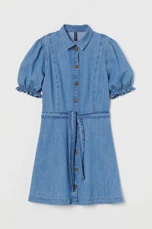 Puff-sleeved Denim Dress - Blue
