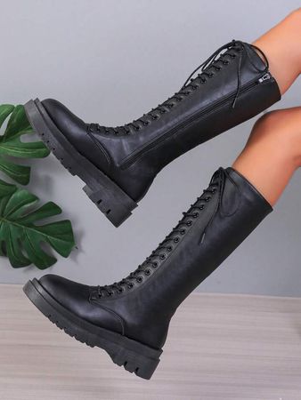 Women's Long Boots, Thick Soles, Boots, Knee-high, Pu Leather, With Belts & Buckles, Large Size, Autumn/winter 2023 | SHEIN