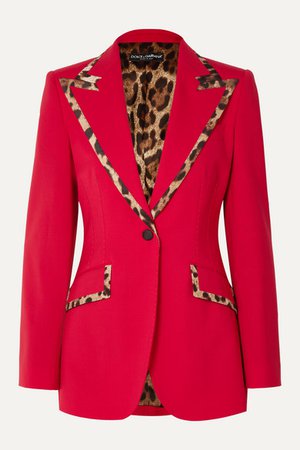 DOLCE & GABBANA Leopard-print trimmed wool-blend blazer