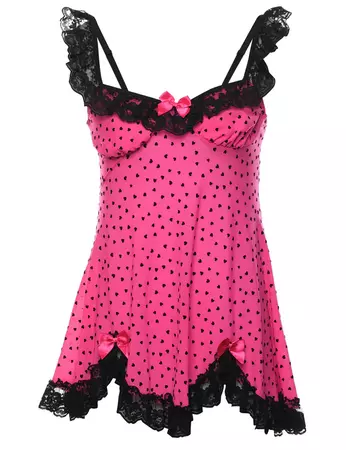 Women's Pink & Black Heart Design Y2K Ribbon Detail Slip Dress Pink, XS | Beyond Retro - E00918585