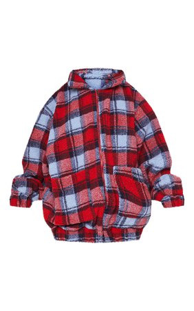 Red Checked Borg Jacket | Coats & Jackets | PrettyLittleThing USA