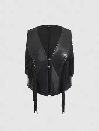 SHEIN MOD Plus Fringe Trim PU Leather Vest Jacket | SHEIN