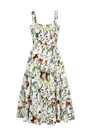 Botanical Floral Butterfly Print Cotton Fit-n-Flare Midi Dress