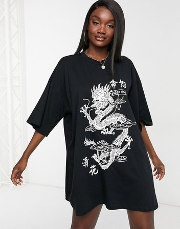 ASOS DESIGN oversized t-shirt dress with dragon graphic in black | ASOS