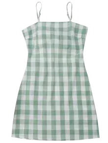 Dress, White/Green Plaid Check