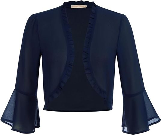 Women's Vintage 3/4 Sleeve Bolero Shrug Open Front Ruffled Cropped Cardigan Bolero Jackets for Evening Dresses Formal Casual at Amazon Women’s Clothing store