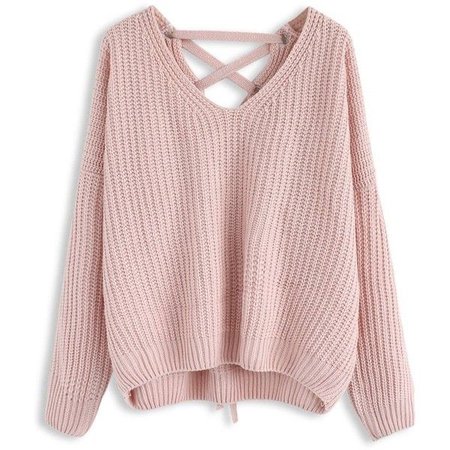 pink lace up back sweater