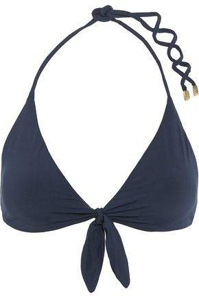 Leather-trimmed Knotted Triangle Bikini Top
