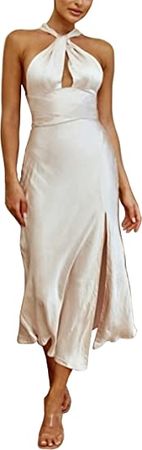 Cantonwalker Women's V Neck Spaghetti Strap Satin High Slit Wedding Guest Formal Maxi Dress Cocktail Evening Party Dress 36… at Amazon Women’s Clothing store