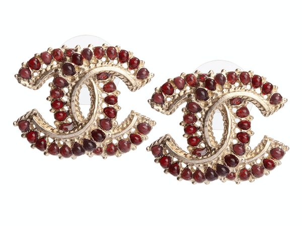 Chanel Gold-Tone Burgundy Stone Logo Pierced Earrings