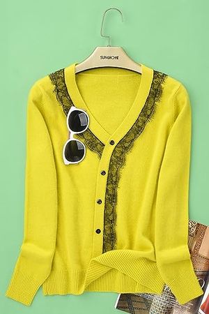 织礼 Zhili Women's 100% Cashmere Button Front Long Sleeve V-Neck Sweater at Amazon Women’s Clothing store