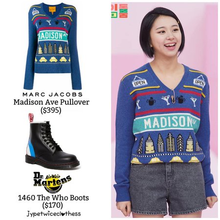 Twice's Fashion on Instagram: “CHAEYOUNG IDOL ROOM MARC JACOBS- Madison Ave Pullover ($395) DR MARTENS- 1460 The Who Boots ($170) #twicefashion #twicestyle #twice…”