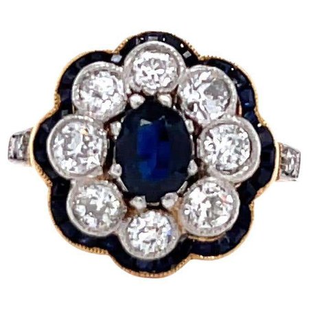 Antique Sapphire Diamond 18 Karat Gold Cluster Ring For Sale at 1stDibs