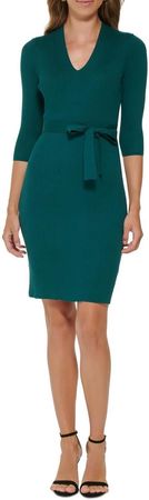 DKNY Women's Tie Waist Sweater V-Neck Dress, Forest GRN at Amazon Women’s Clothing store