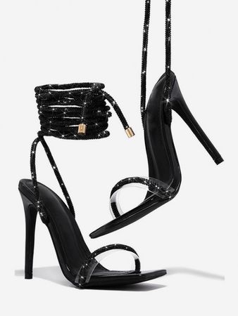Metallic Sparkle Glitter Party Ankle Wrap Strappy Heeled Sandals In BLACK | ZAFUL 2023