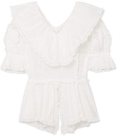 Lace-trimmed Ruffled Cotton-voile Blouse - White