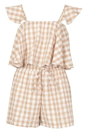 Frill Sleeve Gingham Top & Short Co-ord in tan | boohoo