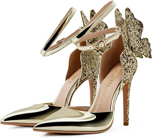 Amazon.com | FINDVELL Gold High Heels Butterfly Back Sexy Stiletto Pumps Closed Toe Sparkly Ankle Strap Heels Sandals Dress Shoes for Women Size 7.5 | Heeled Sandals