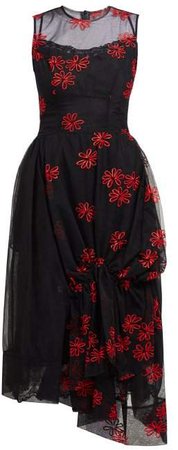 Floral Embroidered Tulle Dress - Womens - Black Red