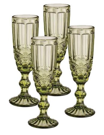 GREEN GARLAND FLUTE GLASSES (SET OF 4) | Victorian Trading Co.