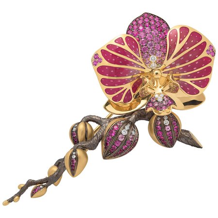 Mousson Atelier Pink Sapphires Diamonds Enamel 18 Karat Yellow Gold Big Orchid Brooch