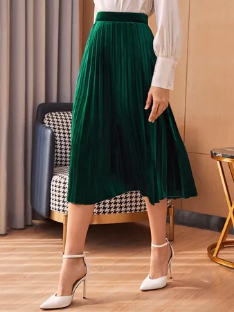 Zip Side Velvet Pleated Skirt | SHEIN USA